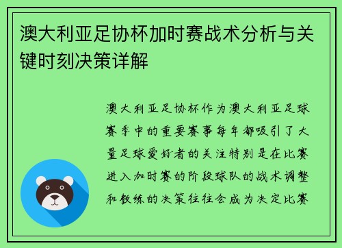 澳大利亚足协杯加时赛战术分析与关键时刻决策详解